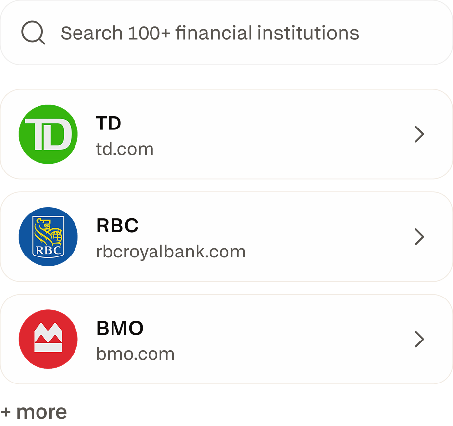 Pick your bank: search 100+ financial institutions, TD, RBC, BMO, Scotiabank, CIBC