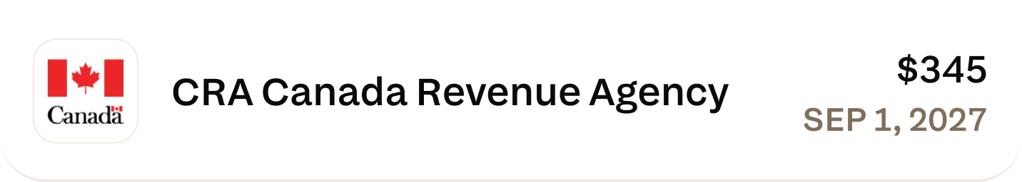 CRA Canada Revenue Agency — $345, Sep 1 2027
