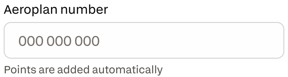 Aeroplan number field with placeholder 000 000 000